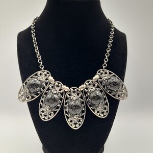 Silver Tone Filigree Statement Necklace Black Glitter Cabochons